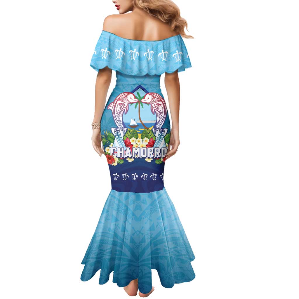 Guam Chamorro Family Matching Mermaid Dress and Hawaiian Shirt Tribal Latte Stone With Dolphins Blue LT05 - Polynesian Pride