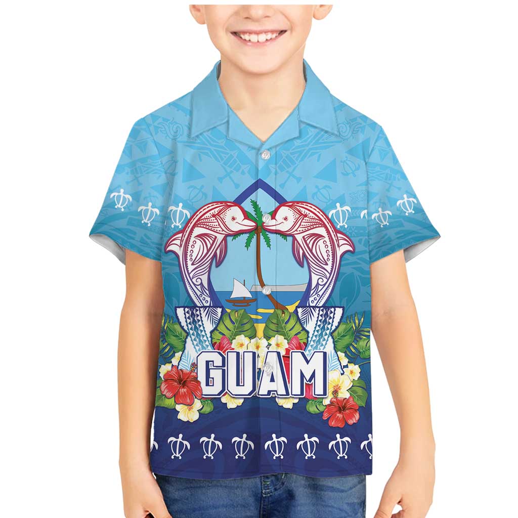 Guam Chamorro Family Matching Mermaid Dress and Hawaiian Shirt Tribal Latte Stone With Dolphins Blue LT05 Son's Shirt Blue - Polynesian Pride