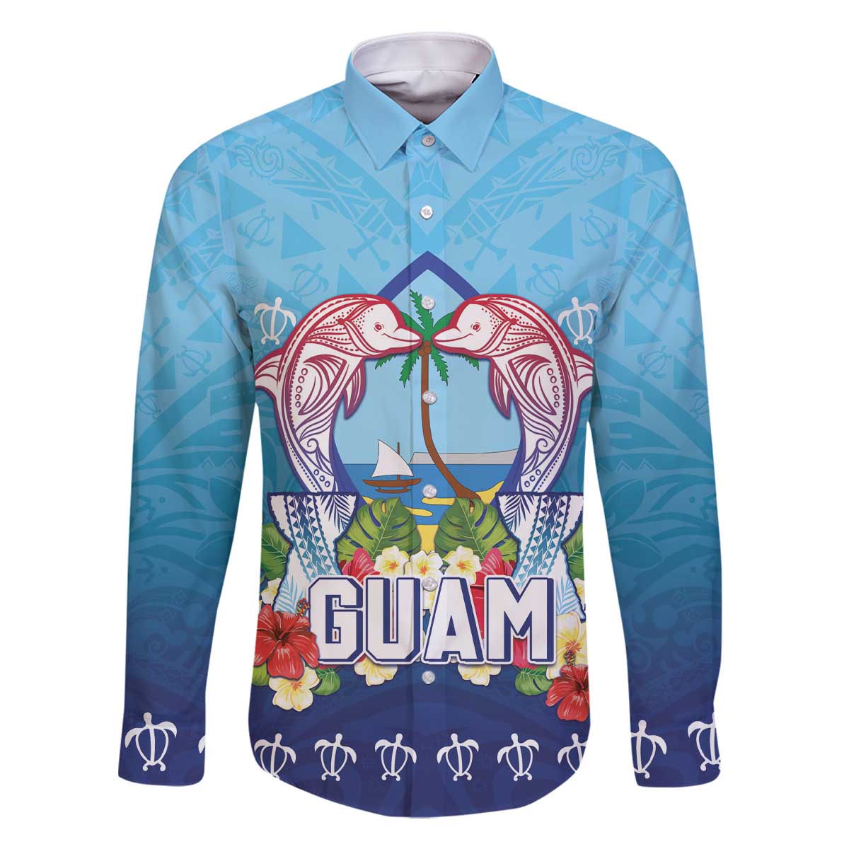 Guam Chamorro Family Matching Off The Shoulder Long Sleeve Dress and Hawaiian Shirt Tribal Latte Stone With Dolphins Blue