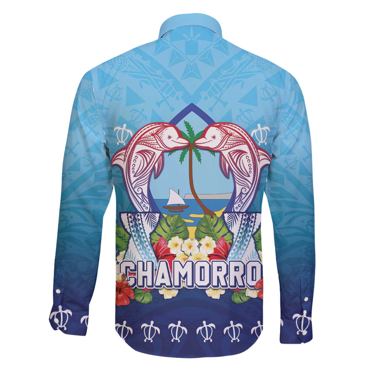 Guam Chamorro Family Matching Off The Shoulder Long Sleeve Dress and Hawaiian Shirt Tribal Latte Stone With Dolphins Blue