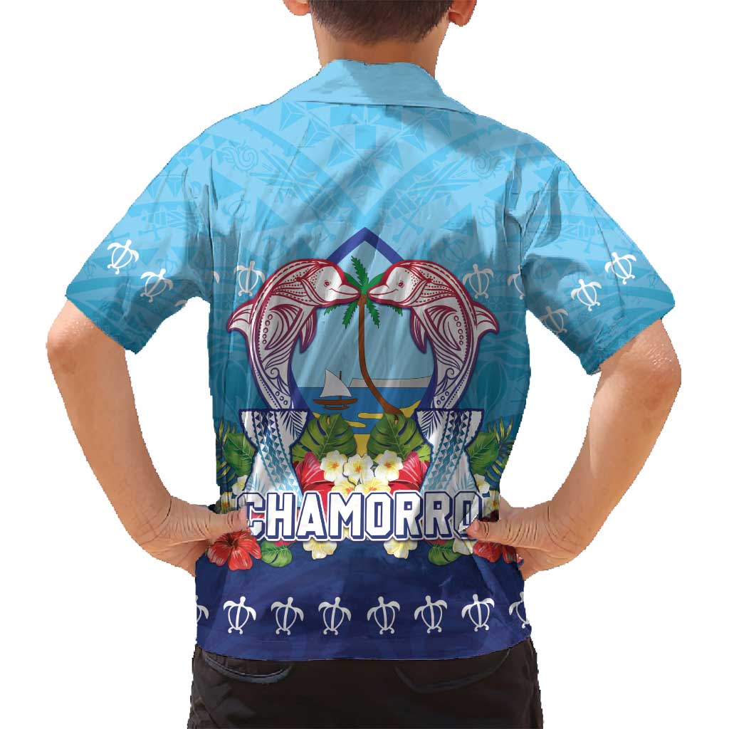 Guam Chamorro Family Matching Off Shoulder Short Dress and Hawaiian Shirt Tribal Latte Stone With Dolphins Blue