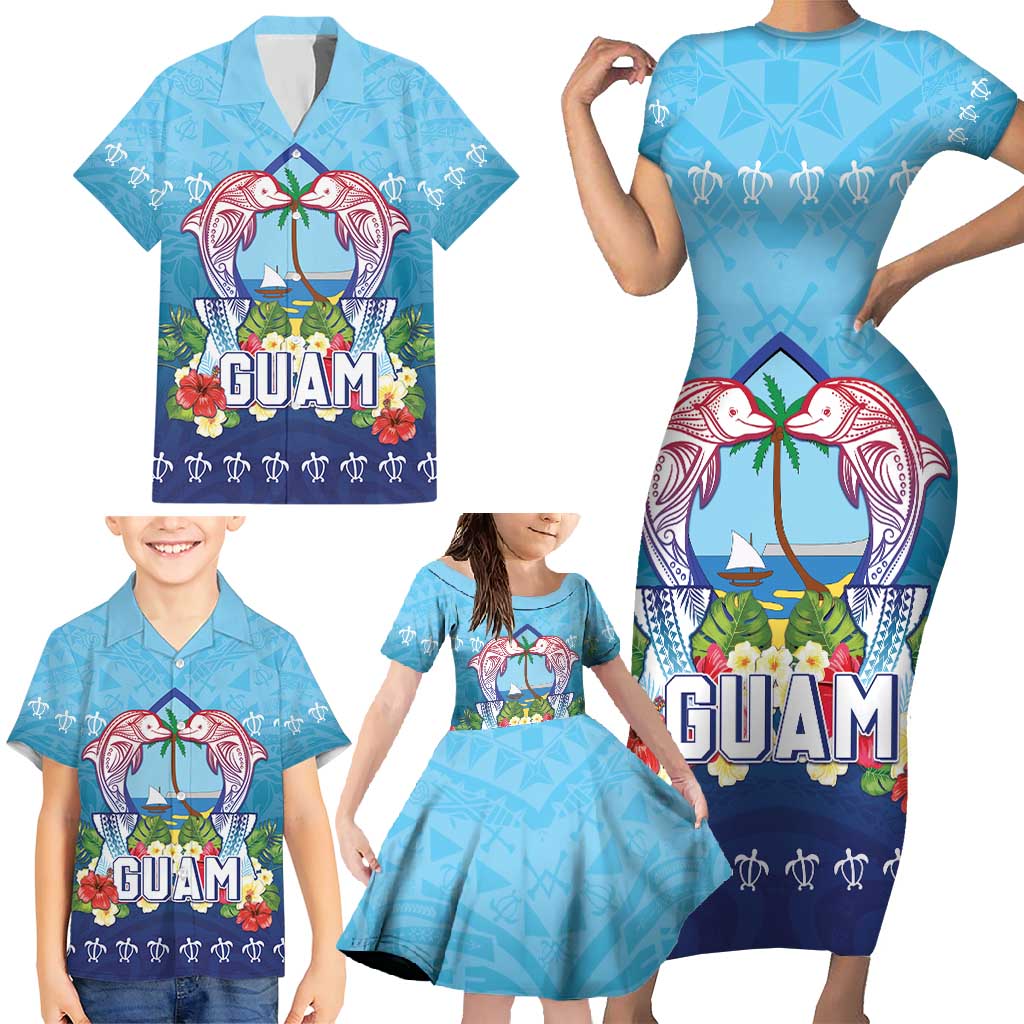 Guam Chamorro Family Matching Short Sleeve Bodycon Dress and Hawaiian Shirt Tribal Latte Stone With Dolphins Blue