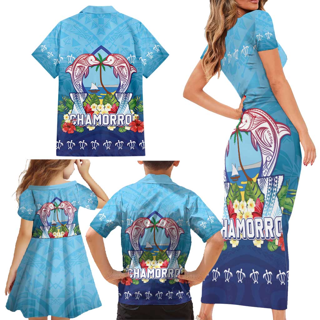 Guam Chamorro Family Matching Short Sleeve Bodycon Dress and Hawaiian Shirt Tribal Latte Stone With Dolphins Blue LT05 - Polynesian Pride