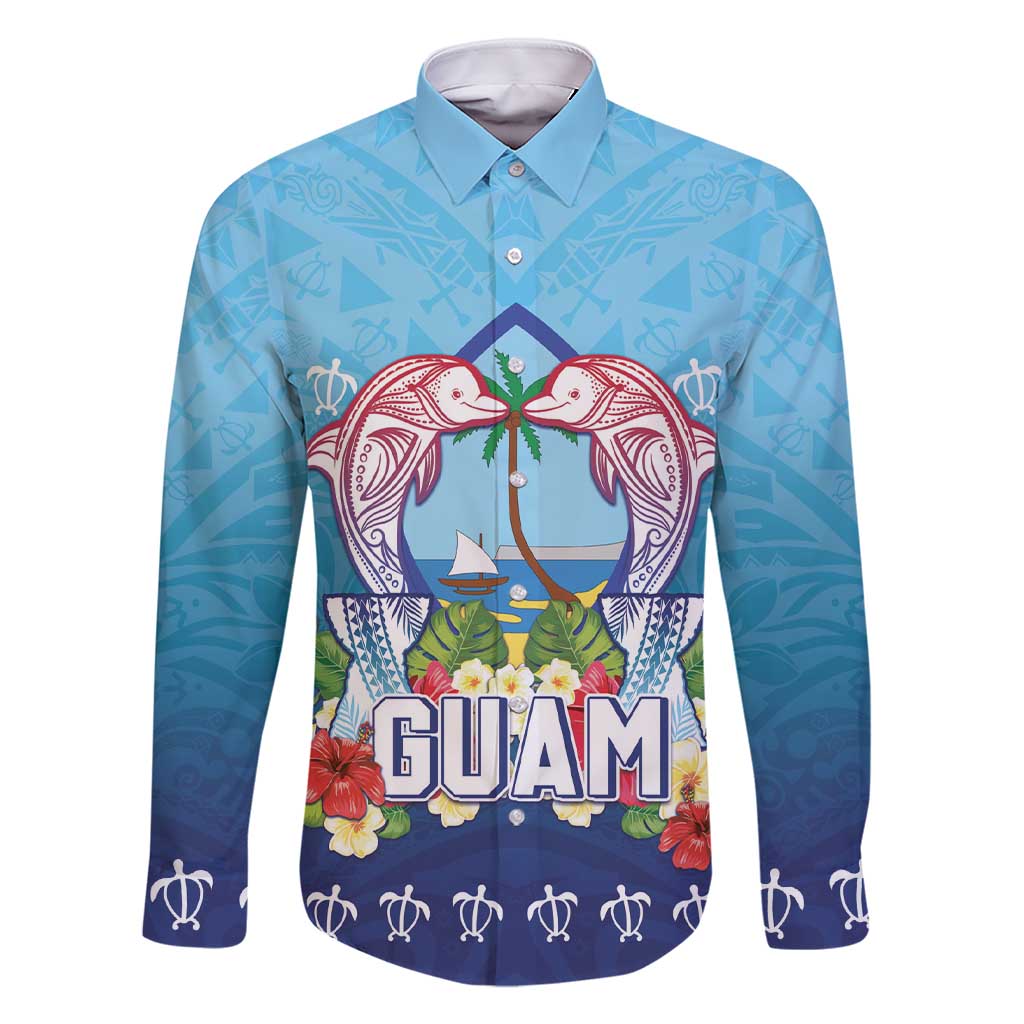 Guam Chamorro Family Matching Short Sleeve Bodycon Dress and Hawaiian Shirt Tribal Latte Stone With Dolphins Blue LT05 Dad's Shirt - Long Sleeve Blue - Polynesian Pride
