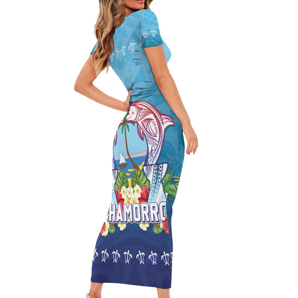 Guam Chamorro Family Matching Short Sleeve Bodycon Dress and Hawaiian Shirt Tribal Latte Stone With Dolphins Blue LT05 - Polynesian Pride