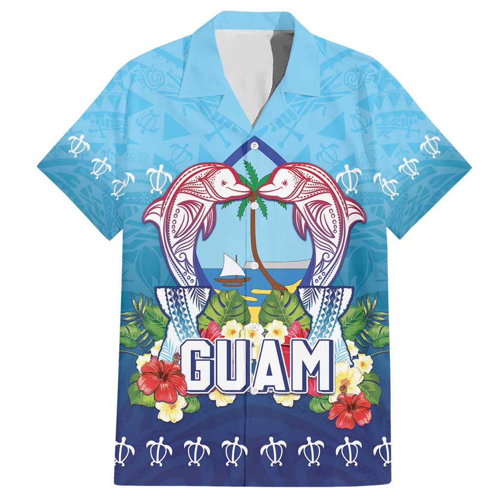 Guam Chamorro Hawaiian Shirt Tribal Latte Stone With Dolphins Blue