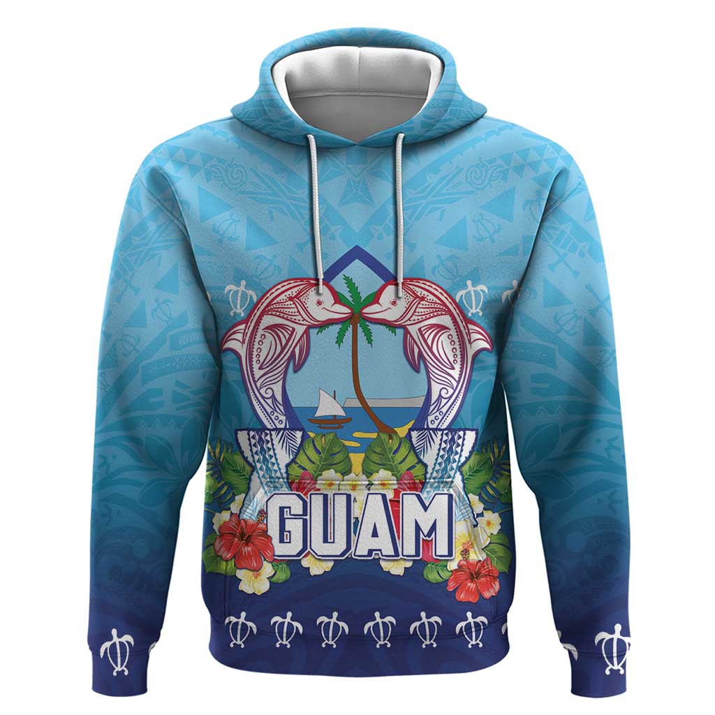 Guam Chamorro Hoodie Tribal Latte Stone With Dolphins Blue