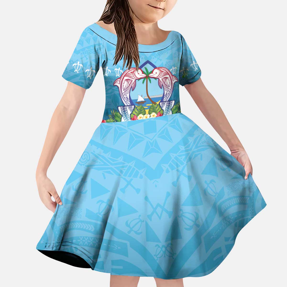 Guam Chamorro Kid Short Sleeve Dress Tribal Latte Stone With Dolphins Blue