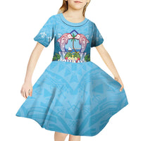 Guam Chamorro Kid Short Sleeve Dress Tribal Latte Stone With Dolphins Blue