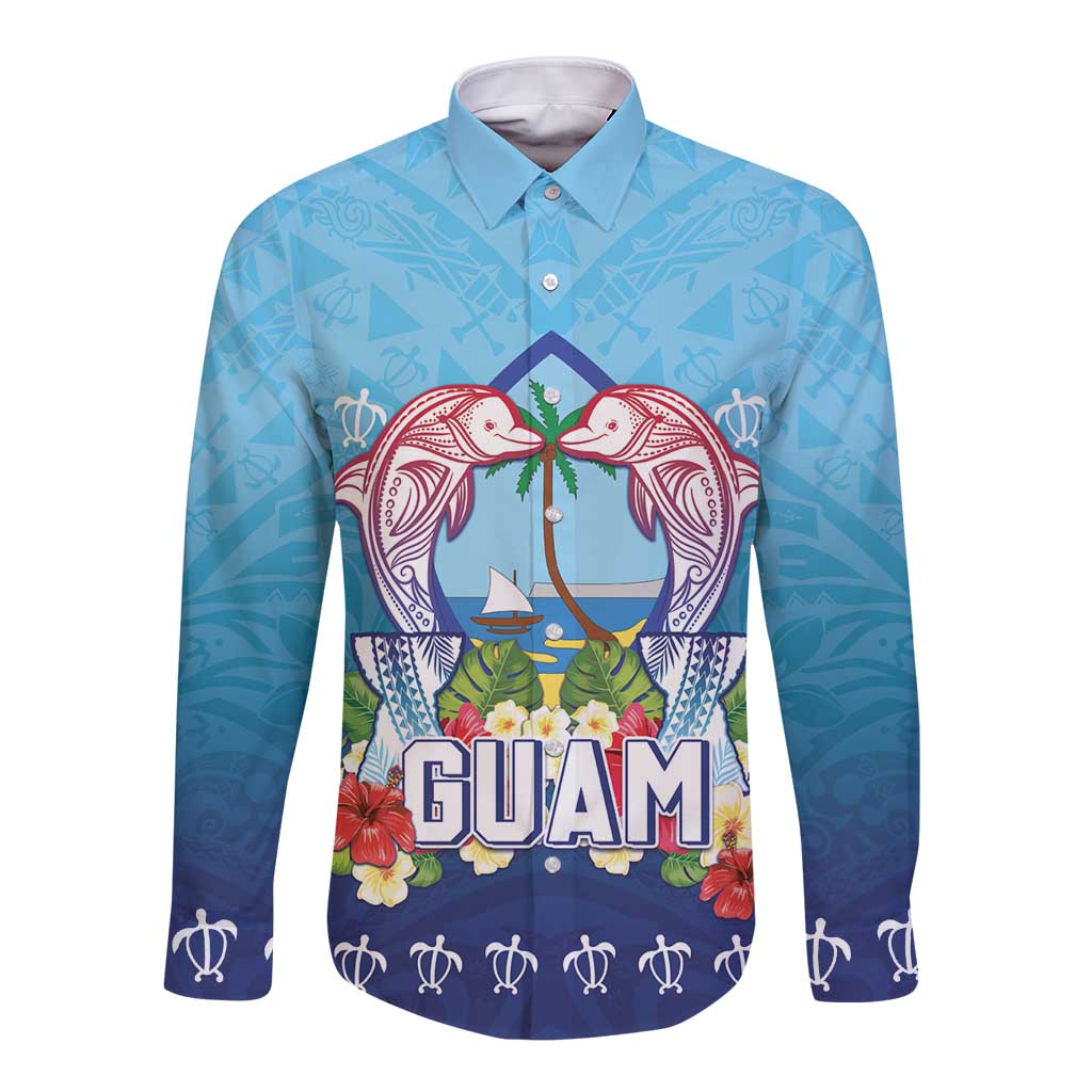 Guam Chamorro Long Sleeve Button Shirt Tribal Latte Stone With Dolphins Blue