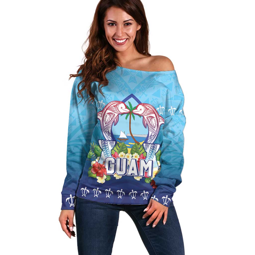 Guam Chamorro Off Shoulder Sweater Tribal Latte Stone With Dolphins Blue