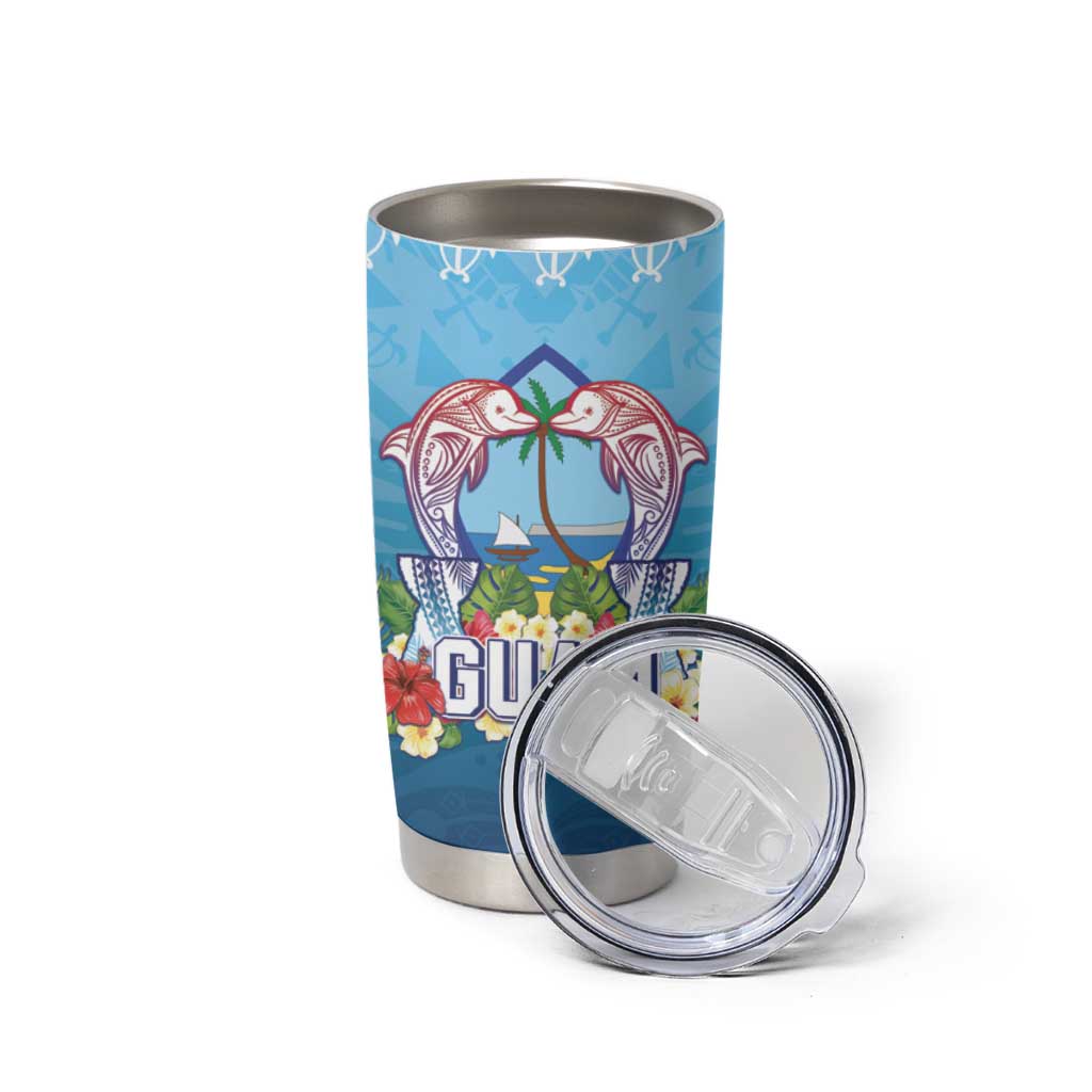 Guam Chamorro Tumbler Cup Tribal Latte Stone With Dolphins Blue