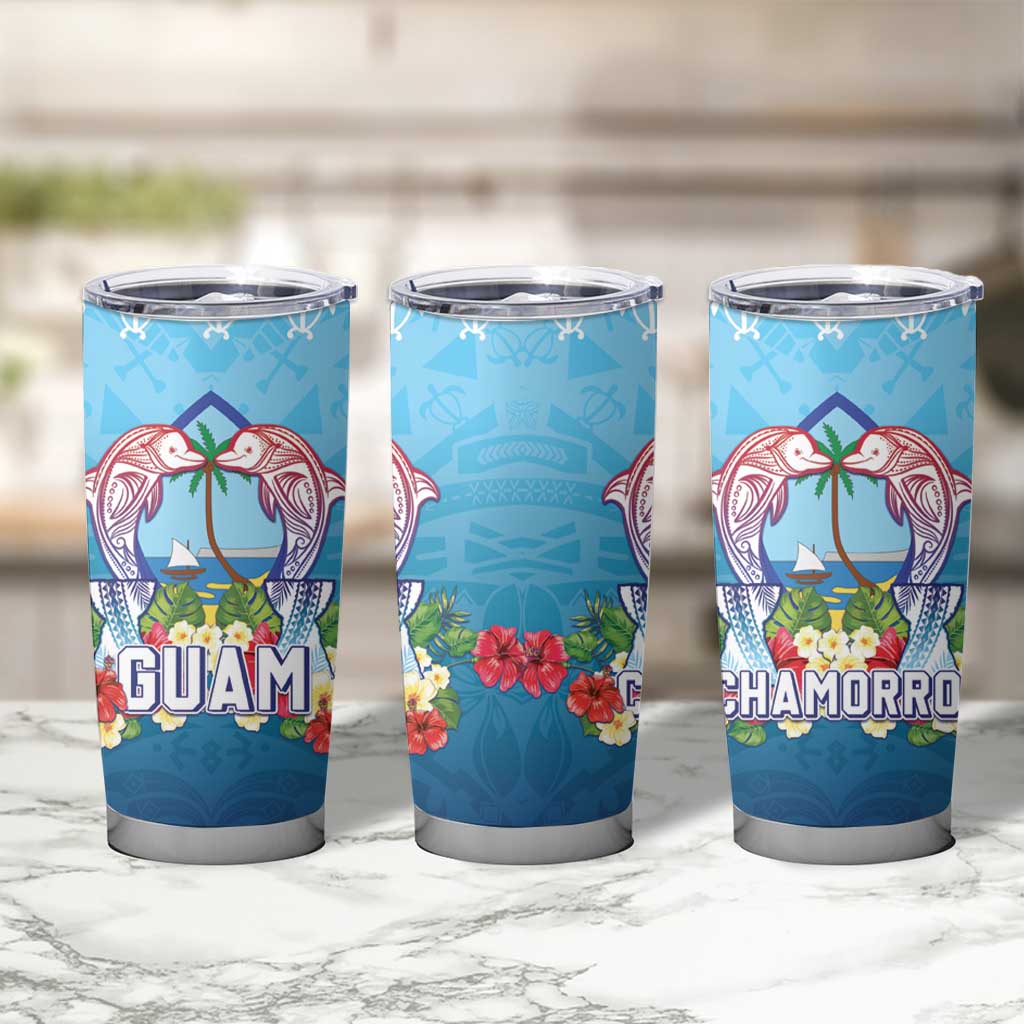 Guam Chamorro Tumbler Cup Tribal Latte Stone With Dolphins Blue