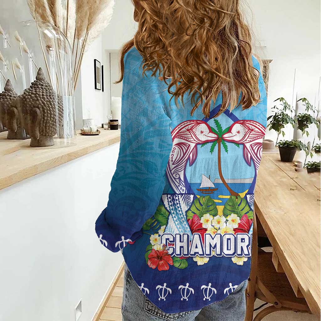 Guam Chamorro Women Casual Shirt Tribal Latte Stone With Dolphins Blue LT05 - Polynesian Pride