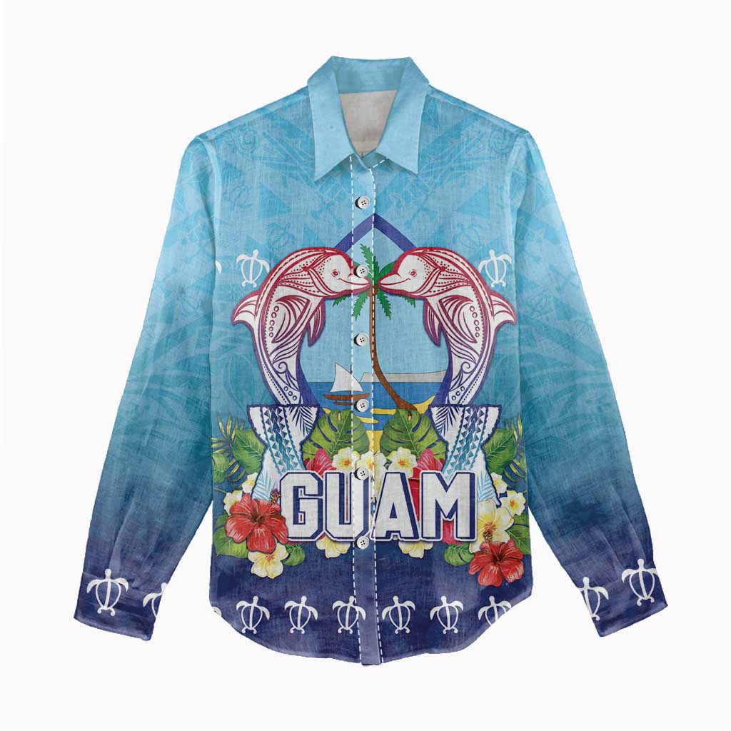 Guam Chamorro Women Casual Shirt Tribal Latte Stone With Dolphins Blue LT05 - Polynesian Pride