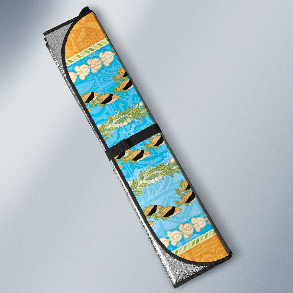Hawaii Humuhumu Fish Maile Pikake Lei Auto Sun Shade Tribal Tapa Orange Version