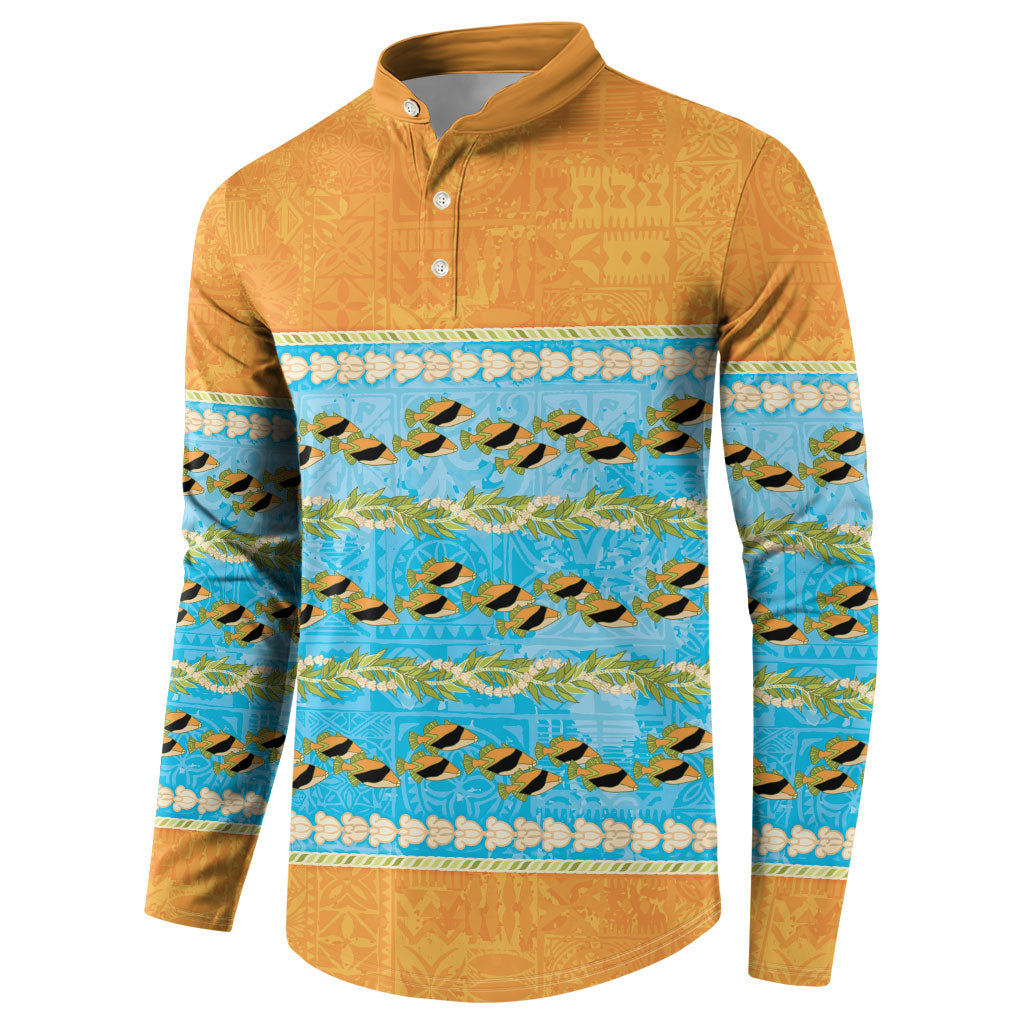 Hawaii Humuhumu Fish Maile Pikake Lei Button Sweatshirt Tribal Tapa Orange Version