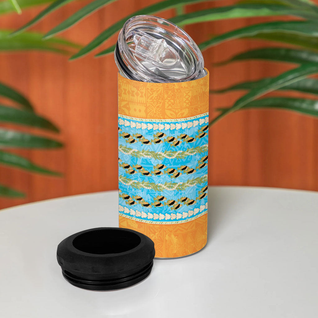 Hawaii Humuhumu Fish Maile Pikake Lei 4 in 1 Can Cooler Tumbler Tribal Tapa Orange Version