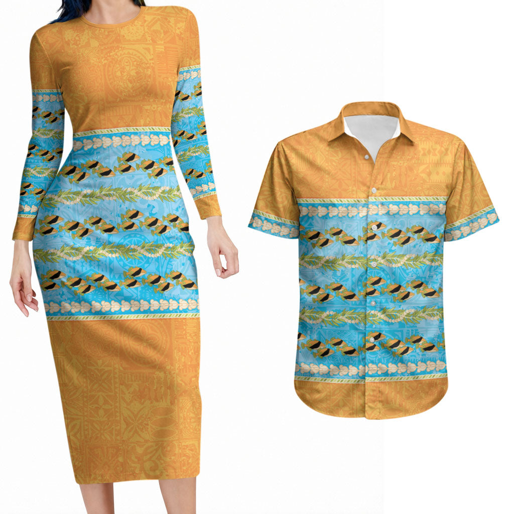 Hawaii Humuhumu Fish Maile Pikake Lei Couples Matching Long Sleeve Bodycon Dress and Hawaiian Shirt Tribal Tapa Orange Version LT05 Orange - Polynesian Pride