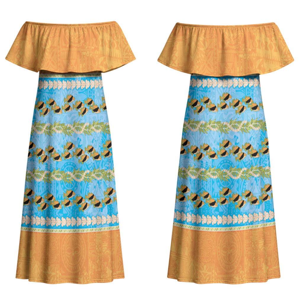 Hawaii Humuhumu Fish Maile Pikake Lei Couples Matching Off Shoulder Maxi Dress and Long Sleeve Button Shirt Tribal Tapa Orange Version