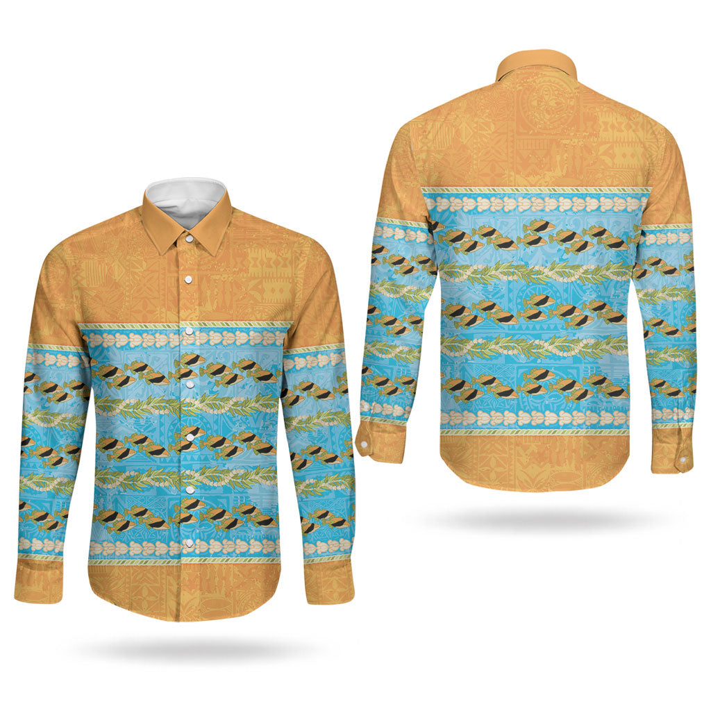 Hawaii Humuhumu Fish Maile Pikake Lei Couples Matching Off Shoulder Short Dress and Long Sleeve Button Shirt Tribal Tapa Orange Version
