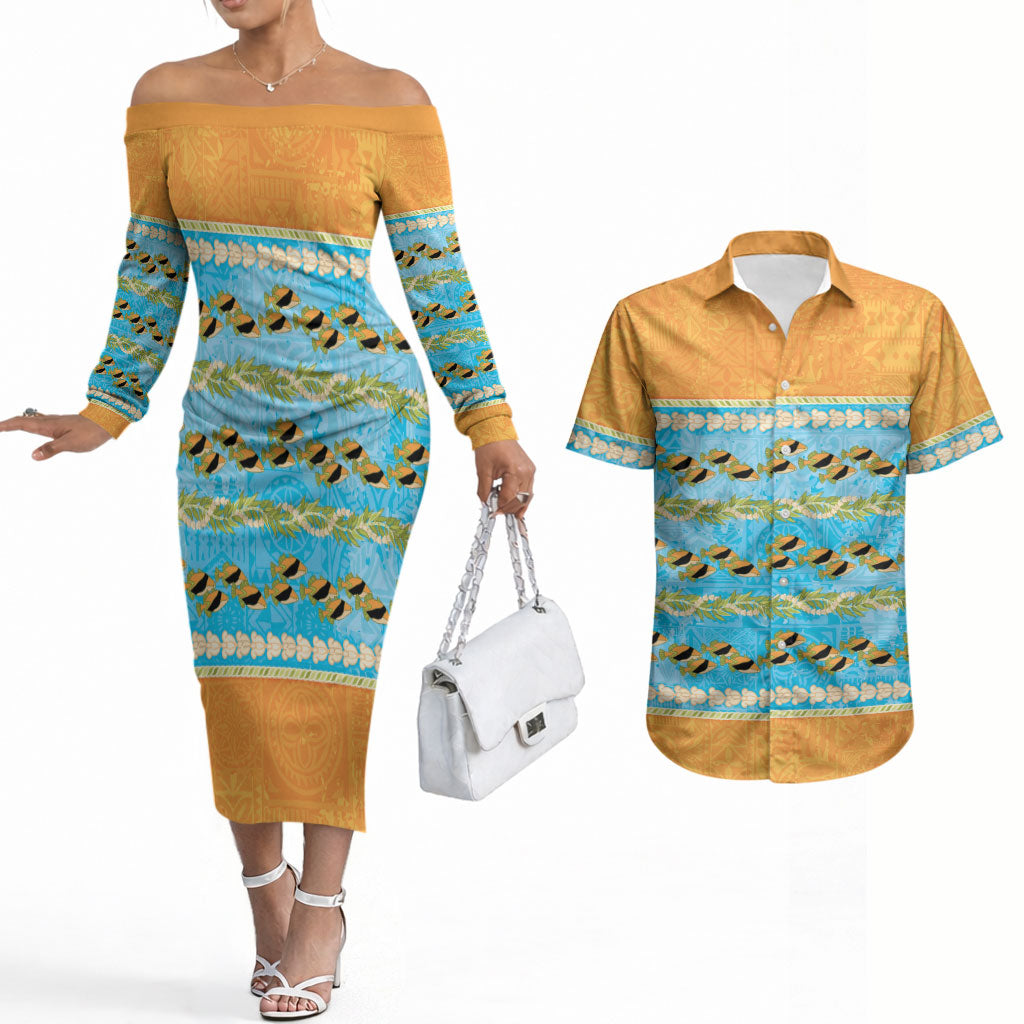 Hawaii Humuhumu Fish Maile Pikake Lei Couples Matching Off The Shoulder Long Sleeve Dress and Hawaiian Shirt Tribal Tapa Orange Version
