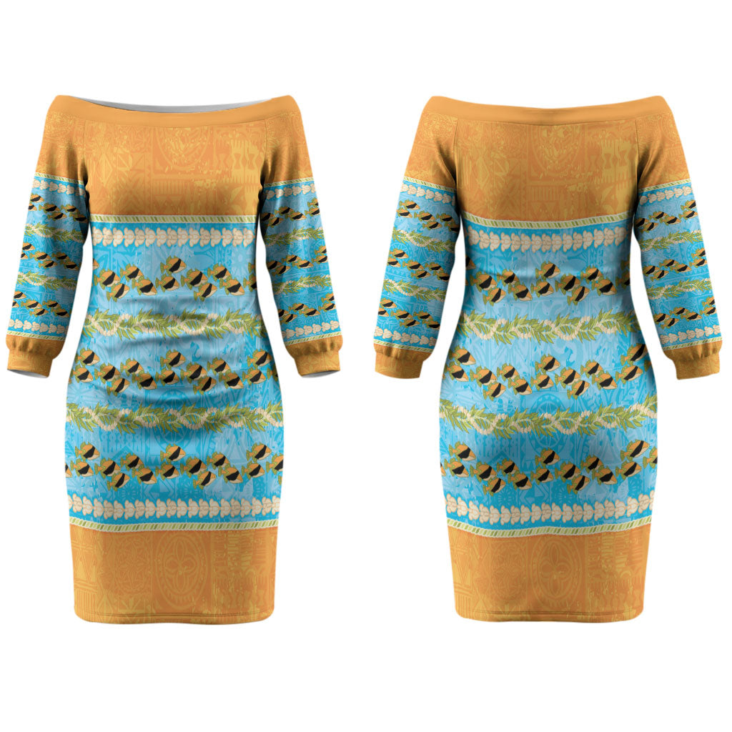 Hawaii Humuhumu Fish Maile Pikake Lei Couples Matching Off The Shoulder Long Sleeve Dress and Hawaiian Shirt Tribal Tapa Orange Version