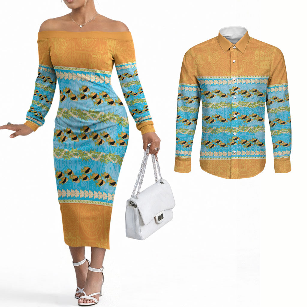 Hawaii Humuhumu Fish Maile Pikake Lei Couples Matching Off The Shoulder Long Sleeve Dress and Long Sleeve Button Shirt Tribal Tapa Orange Version