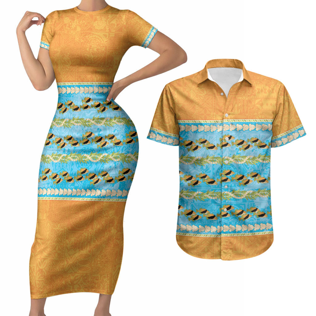 Hawaii Humuhumu Fish Maile Pikake Lei Couples Matching Short Sleeve Bodycon Dress and Hawaiian Shirt Tribal Tapa Orange Version