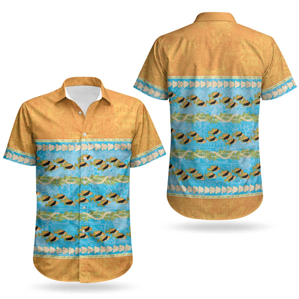 Hawaii Humuhumu Fish Maile Pikake Lei Couples Matching Short Sleeve Bodycon Dress and Hawaiian Shirt Tribal Tapa Orange Version