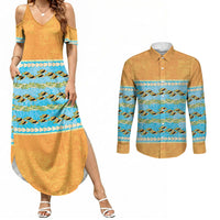 Hawaii Humuhumu Fish Maile Pikake Lei Couples Matching Summer Maxi Dress and Long Sleeve Button Shirt Tribal Tapa Orange Version