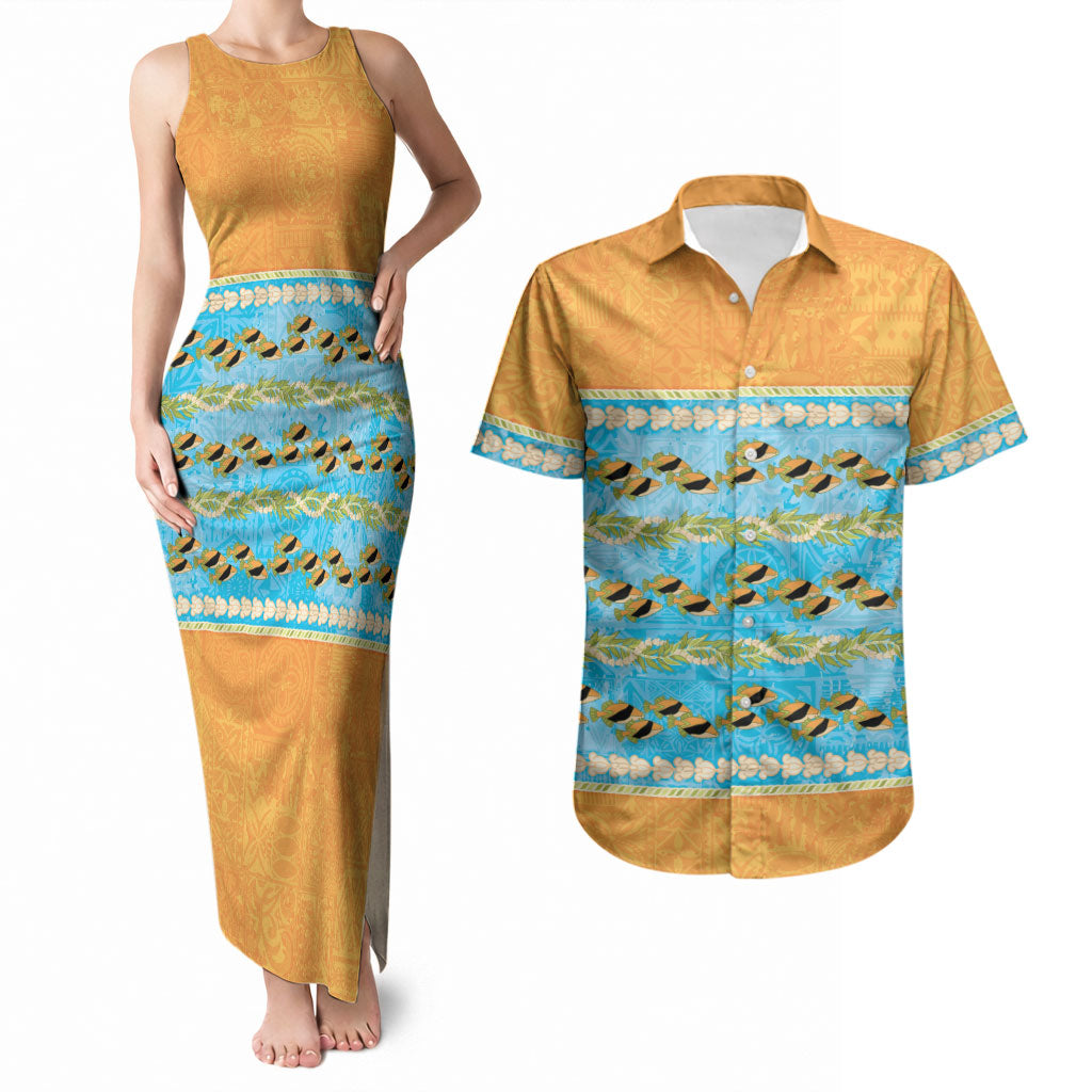Hawaii Humuhumu Fish Maile Pikake Lei Couples Matching Tank Maxi Dress and Hawaiian Shirt Tribal Tapa Orange Version LT05 Orange - Polynesian Pride
