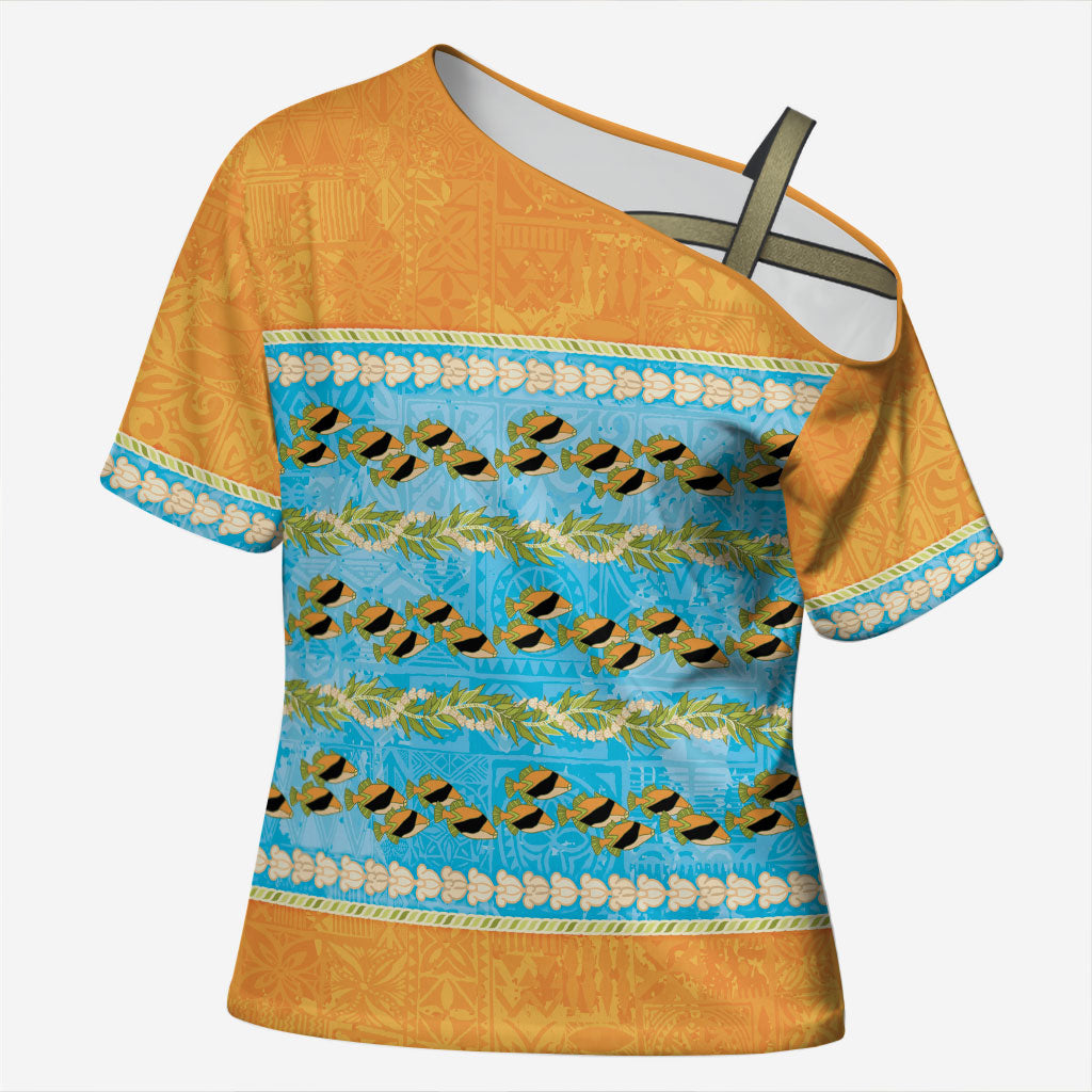Hawaii Humuhumu Fish Maile Pikake Lei Cross Shoulder Shirt Tribal Tapa Orange Version