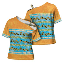 Hawaii Humuhumu Fish Maile Pikake Lei Cross Shoulder Shirt Tribal Tapa Orange Version