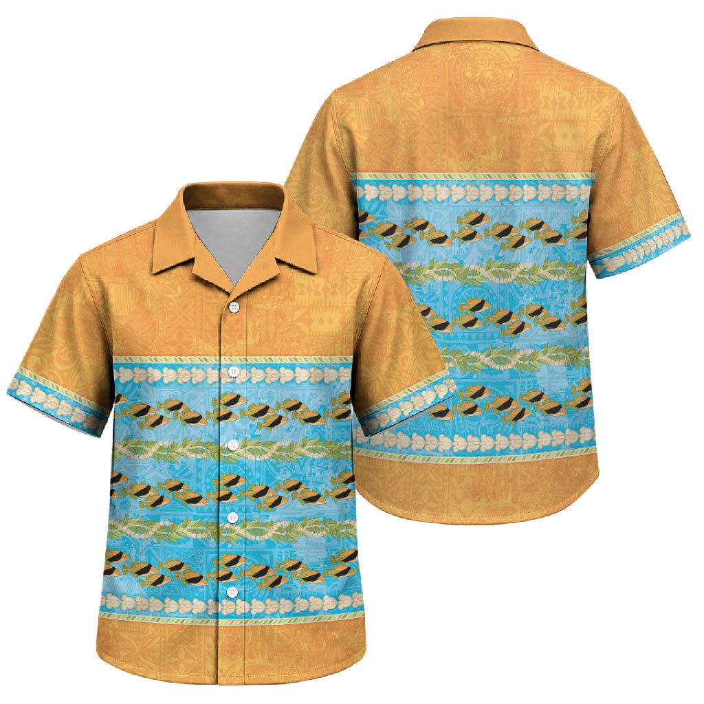 Hawaii Humuhumu Fish Maile Pikake Lei Family Matching Long Sleeve Bodycon Dress and Hawaiian Shirt Tribal Tapa Orange Version