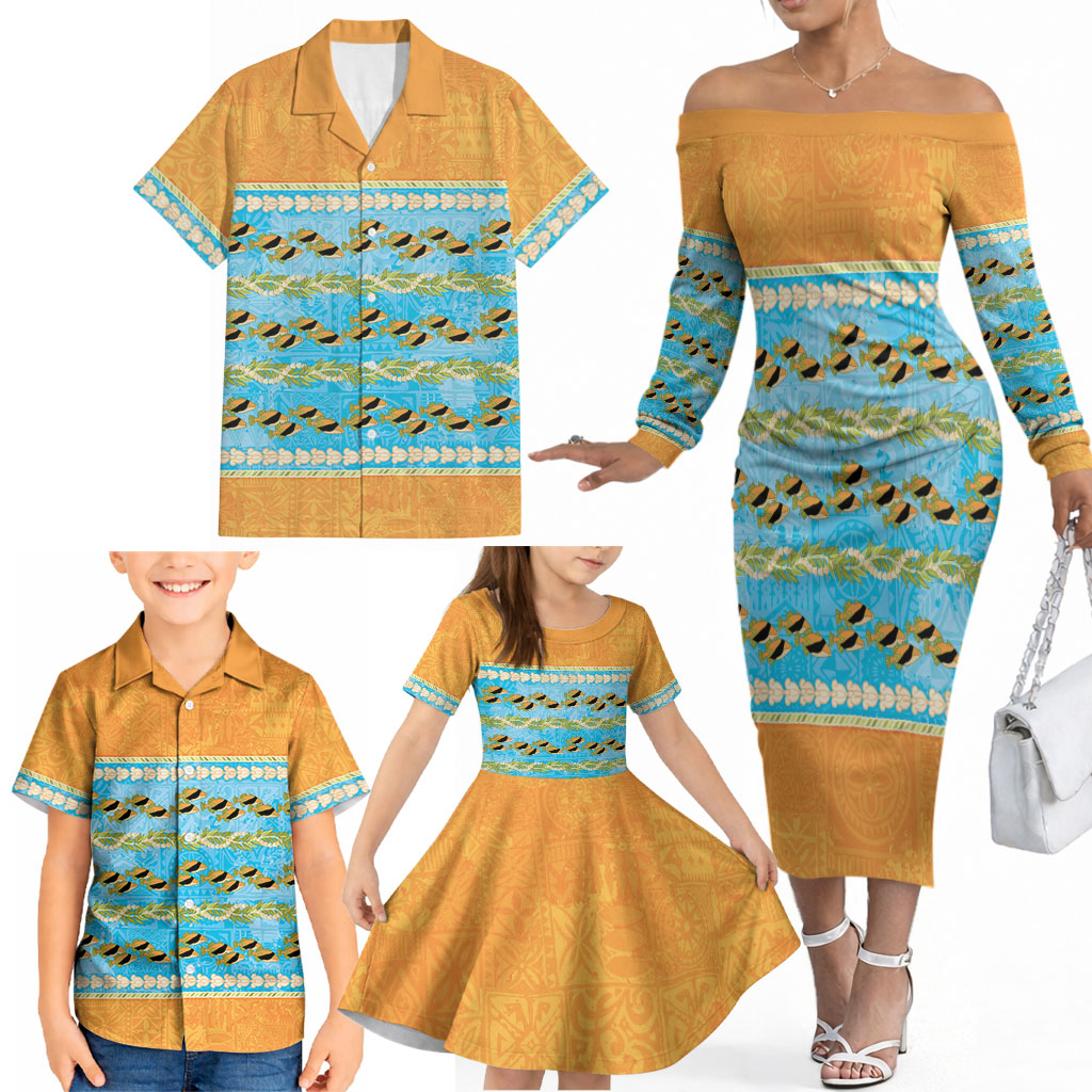 Hawaii Humuhumu Fish Maile Pikake Lei Family Matching Off The Shoulder Long Sleeve Dress and Hawaiian Shirt Tribal Tapa Orange Version LT05 - Polynesian Pride
