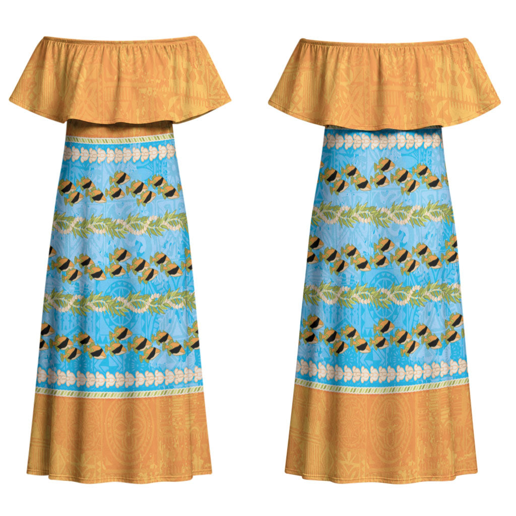 Hawaii Humuhumu Fish Maile Pikake Lei Family Matching Off Shoulder Maxi Dress and Hawaiian Shirt Tribal Tapa Orange Version