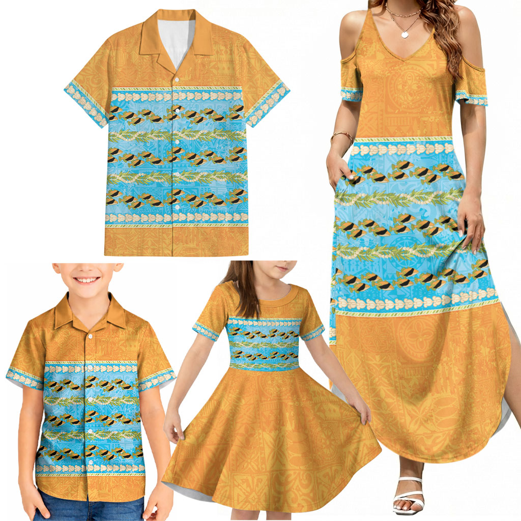 Hawaii Humuhumu Fish Maile Pikake Lei Family Matching Summer Maxi Dress and Hawaiian Shirt Tribal Tapa Orange Version LT05 - Polynesian Pride