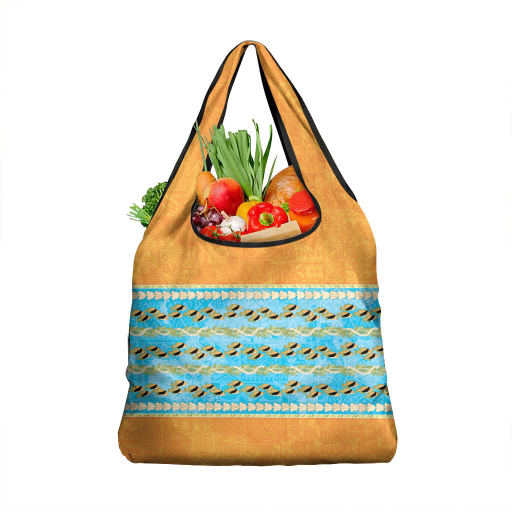 Hawaii Humuhumu Fish Maile Pikake Lei Grocery Bag Tribal Tapa Orange Version
