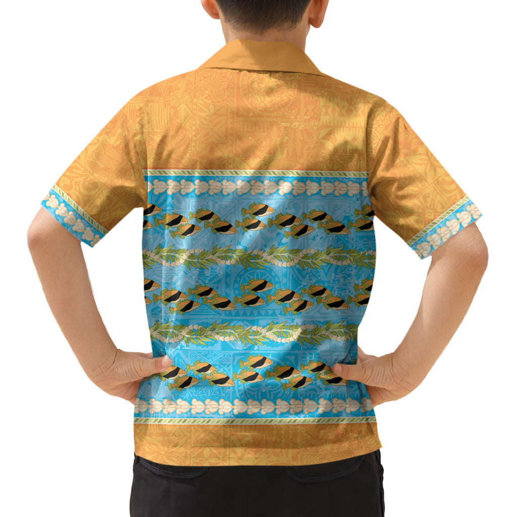 Hawaii Humuhumu Fish Maile Pikake Lei Kid Hawaiian Shirt Tribal Tapa Orange Version