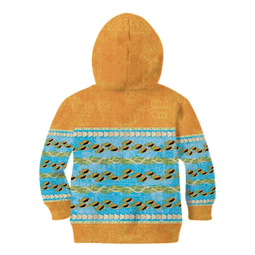 Hawaii Humuhumu Fish Maile Pikake Lei Kid Hoodie Tribal Tapa Orange Version