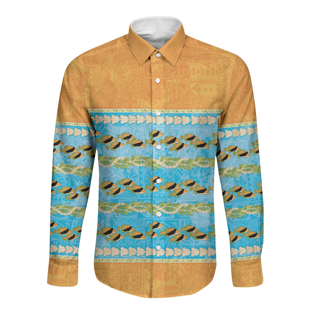 Hawaii Humuhumu Fish Maile Pikake Lei Long Sleeve Button Shirt Tribal Tapa Orange Version
