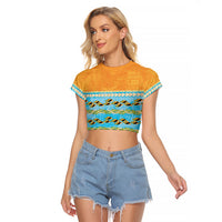 Hawaii Humuhumu Fish Maile Pikake Lei Raglan Cropped T Shirt Tribal Tapa Orange Version