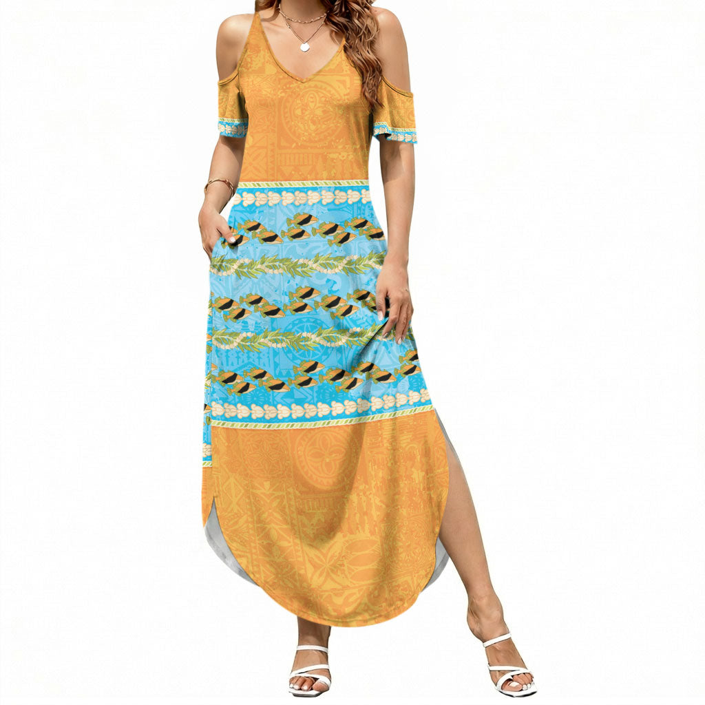 Hawaii Humuhumu Fish Maile Pikake Lei Summer Maxi Dress Tribal Tapa Orange Version