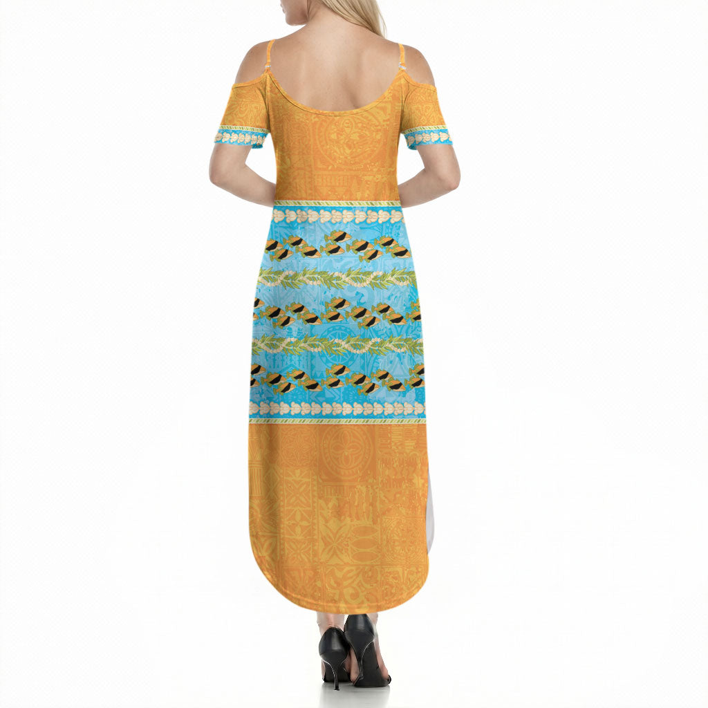 Hawaii Humuhumu Fish Maile Pikake Lei Summer Maxi Dress Tribal Tapa Orange Version