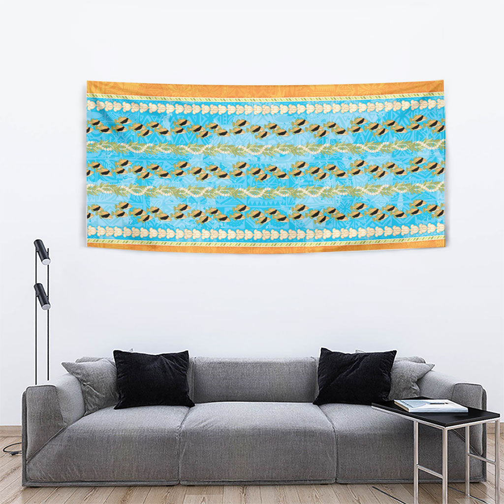 Hawaii Humuhumu Fish Maile Pikake Lei Tapestry Tribal Tapa Orange Version