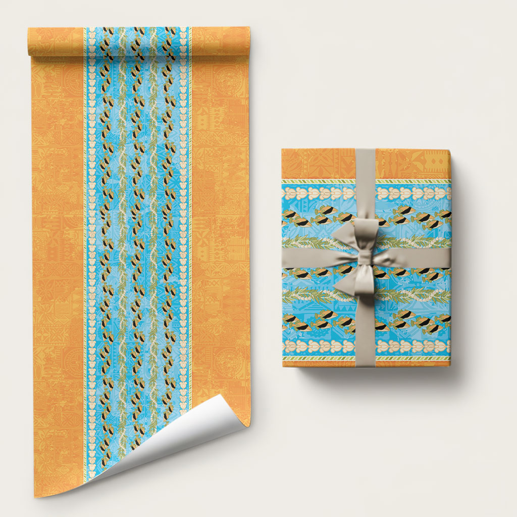 Hawaii Humuhumu Fish Maile Pikake Lei Wrapping Paper Tribal Tapa Orange Version