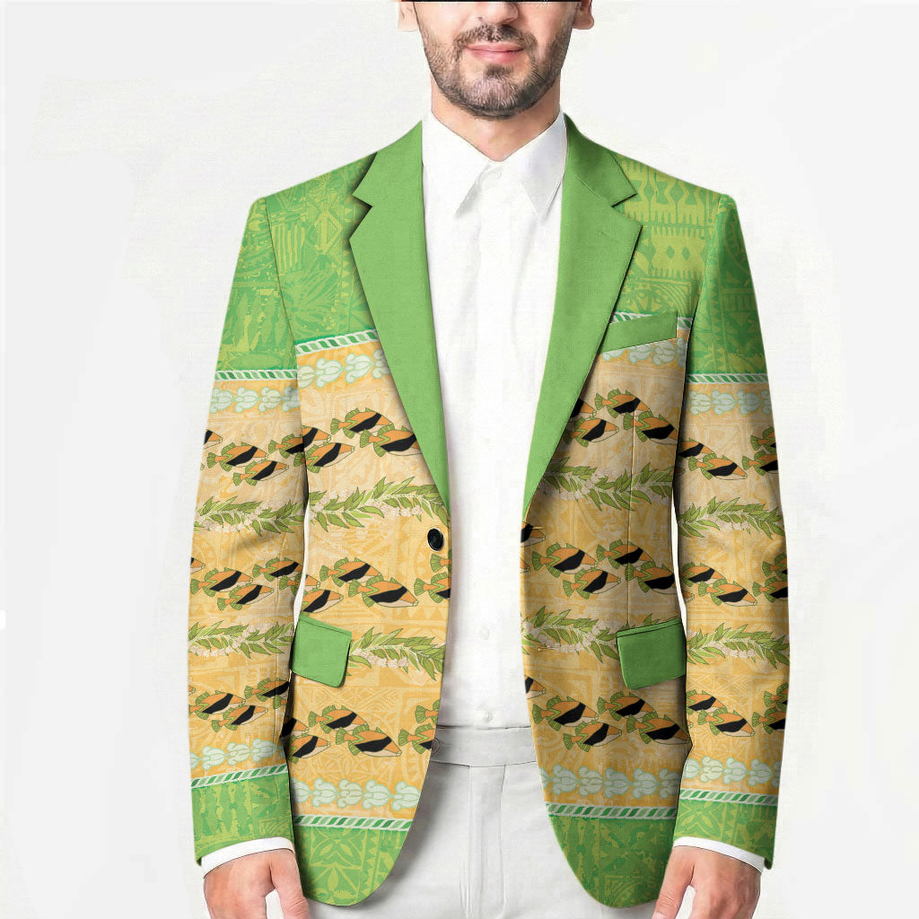 Hawaii Humuhumu Fish Maile Pikake Lei Blazer Tribal Tapa Green Version