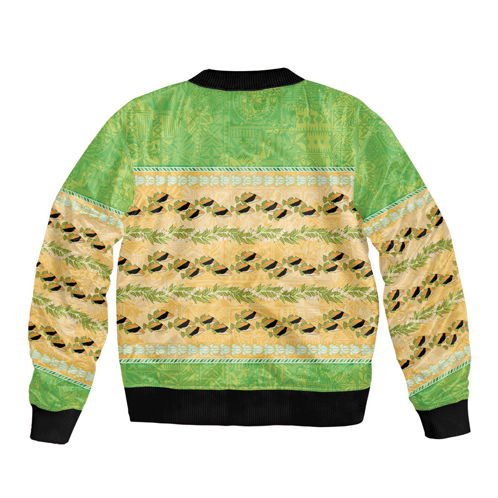 Hawaii Humuhumu Fish Maile Pikake Lei Bomber Jacket Tribal Tapa Green Version