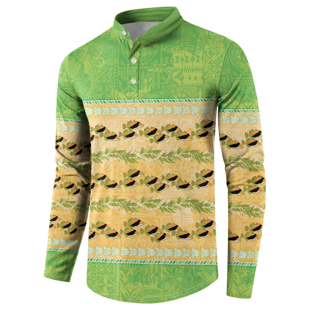 Hawaii Humuhumu Fish Maile Pikake Lei Button Sweatshirt Tribal Tapa Green Version